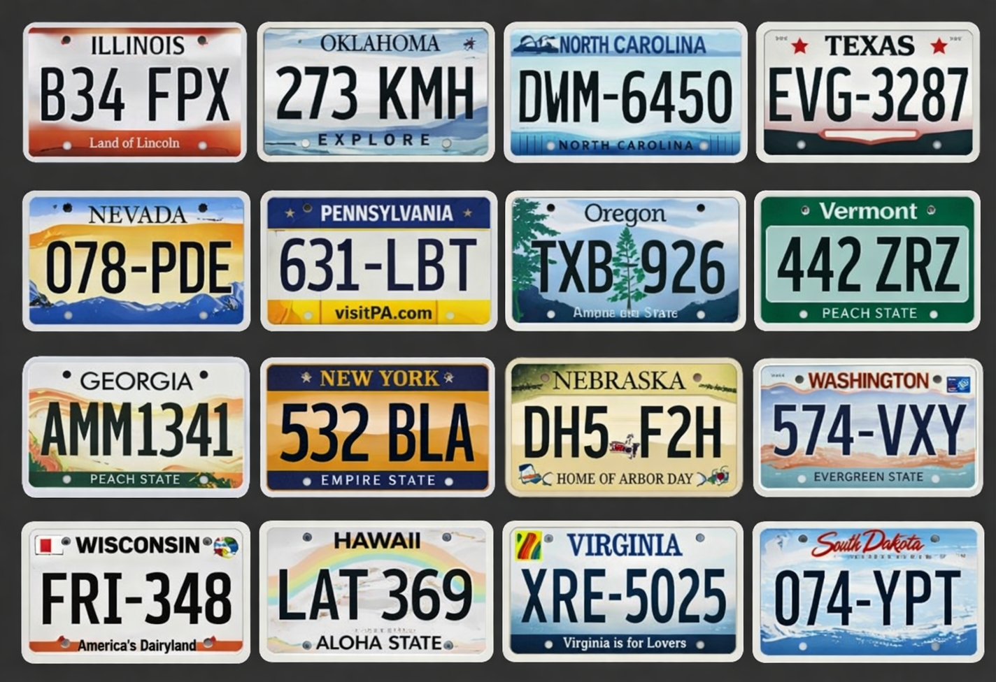 A grid of colorful U.S. state license plates displaying different state names and plate numbers.