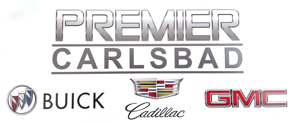 Premier Carlsbad auto dealership logos for Buick, Cadillac, and GMC on a white background