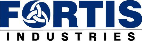 Fortis Industries logo in blue and white with stylized circular emblem