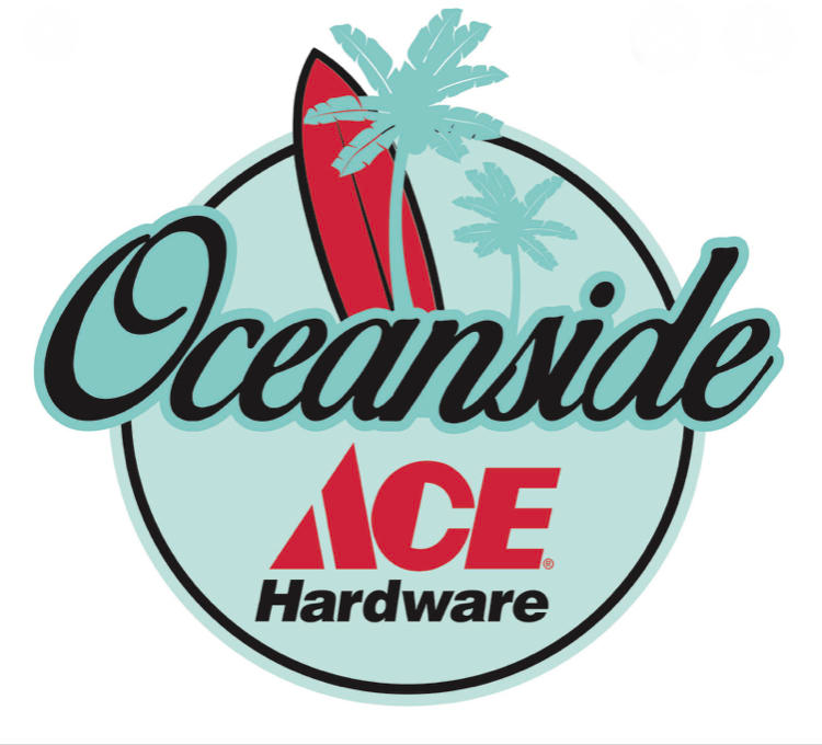 Oceanside ACE Hardware logo with surfboard, palm tree, and turquoise circle