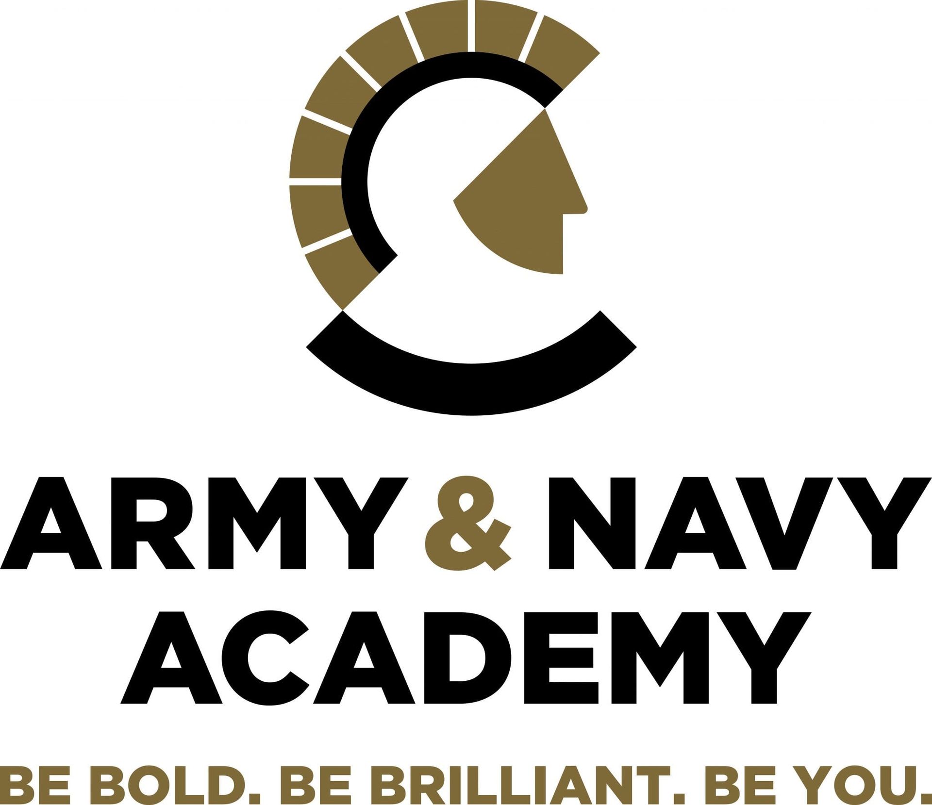 Army & Navy Academy logo with black, gold, and white emblem and motto “Be Bold. Be Brilliant. Be You.”