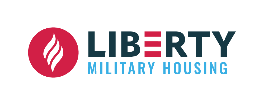 Liberty Military Housing logo with red flame icon and blue text